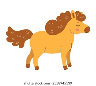 Cute cartoon horse with a wavy mane standing peacefully on a white background