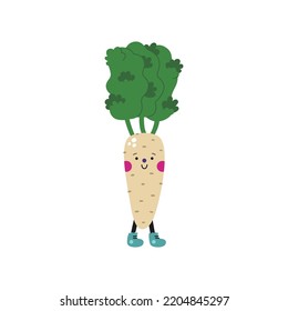 Cute cartoon horseradish illustration on a white background. Funny colorful character.