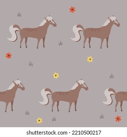 Cute cartoon horses with colorful flowers seamless pattern