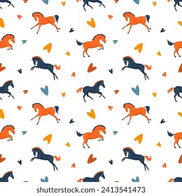 Cute cartoon horses and hearts, Valentine's Day, seamless vector pattern