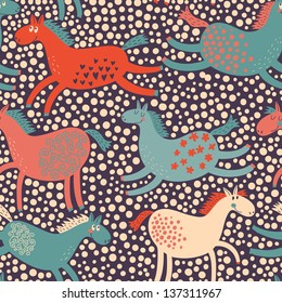 Cute cartoon horses in vector in bright colors. Seamless pattern can be used for wallpapers, pattern fills, web page backgrounds, surface textures.