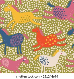 Cute cartoon horses in vector in bright colors. Seamless pattern can be used for wallpapers, pattern fills, web page backgrounds, surface textures.
