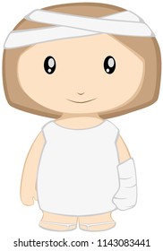 Cute cartoon hospital patient with bandages and a hospital gown, facing forward.  Front view vector art.  Part of my "Chibi Folk" set - Matching characters available.  