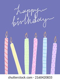Cute cartoon hot candles. Happy birthday doodle text illustration with cake for baby.