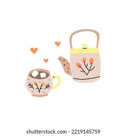 Cute cartoon hot chocolate or cocoa drink with marshmallows, teapot and hearts around isolated on white background. Modern cozy illustration in Scandinavian style.