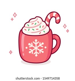 Cute cartoon hot chocolate or coffee in red cup with snowflake ornament. Warm seasonal drink doodle with candy cane, whipped cream and sprinkles. Christmas greeting card vector illustration.