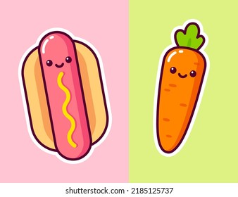 Cute Cartoon Hot Dog And Carrot With Funny Kawaii Faces. Healthy And Unhealthy Snack Icon. Junk Food And Vegetable Diet. Vector Clip Art Illustration.