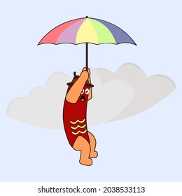 cute cartoon hotdog flying with rainbow umbrella. vector illustration for logo, mascot or icon