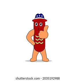 cute cartoon hotdog wearing american cowboy hat. vector illustration. funny food characters