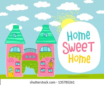 Cute cartoon house banner. Vector background.