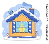 Cute cartoon house with a blue roof. Winter vector illustration with house, snow and birds.