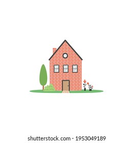 La fachada de una casa de dibujos animados con árboles y plantas. Casa de color simple en ilustración vectorial de estilo plano