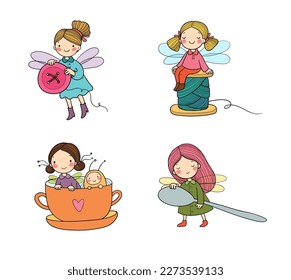 Cute cartoon house fairies. Funny elves. Little girls with wings. Small household items.