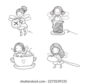 Cute cartoon house fairies. Funny elves. Little girls with wings. Small household items.