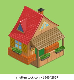 Cute cartoon house in isometry. Vector hand drawn illustration