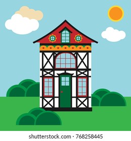 Cute Cartoon House with Landscape. Vector Illustration. Simple Flat Style. Decorative Design for Kids, Schools, Books Illustrations, Web Backgrounds, Stickers, Posters, Cards, Banners.