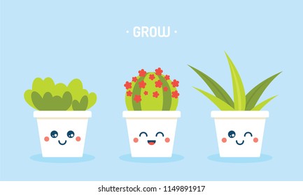 Cute cartoon house plants with funny faces vector illustration