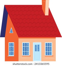 Cute cartoon house with red roof, front door, and windows. Colorful, cozy home, exterior design. Real estate ownership vector illustration.