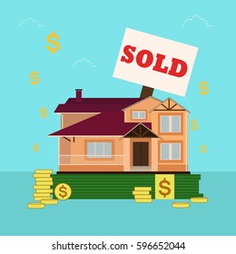 Cute cartoon house for sale or rent in flat building style staing on money. sign sold.Background in blue pastel colors with symbols of dollar. vector illustration.real estate purchase