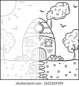 cute cartoon house sketch drawing with half drawing to complete drawing and coloring