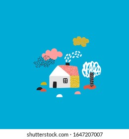 Cute cartoon house, tree and landscape elements. Geometric european house illustration in scandinavian minimal style. Nordics vector artwork for kids, childish design