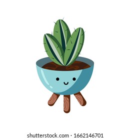 Cute cartoon houseplant in planters. Characters. Vector illustration isolated on white background.