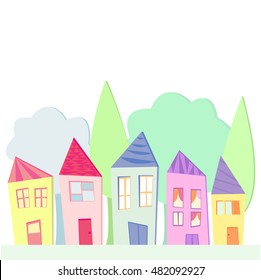 Cute cartoon houses collection. Funny colorful kid Illustration of colorful houses