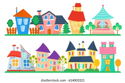 Cute cartoon houses collection. Funny colorful kid vector house set. Kids street.