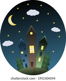 Cute cartoon houses at night, with moon, stars, fir trees and clouds in round gradient background. Vector illustration