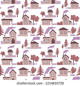 Cute cartoon houses seamless pattern. Vintage background for textiles. Town in the scandinavian style. Vector illustration.