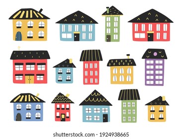 Cute cartoon houses set. Tiny town buildings collection. Flat isolated elements in trendy hand drawn style. Build your urban landscape. Kids and baby clipart. Vector illustration