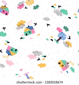 Cute cartoon houses, trees, flying birds and landscape elements. Geometric european houses seamless pattern in scandinavian minimal style. Nordics vector artwork for textile, fabric, wallpaper design