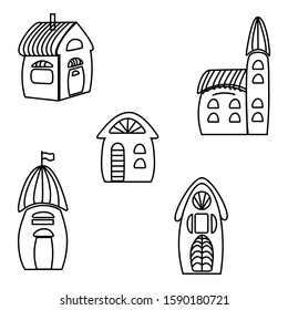   Cute cartoon houses .Vector set on an isolated white background. Artline, Doodle, Outline, Hand Drawing, Graphics EPS 10