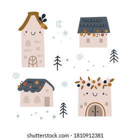 Cute cartoon houses in the winter holiday city. Building, tower, fortress in doodle style isolated on white background. Kids illustration for print, textile, wallpaper, apparel, fabric, wrapping paper