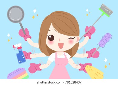 cute cartoon housewife do work on the blue background