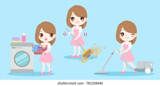 cute cartoon housewife do work on the blue background