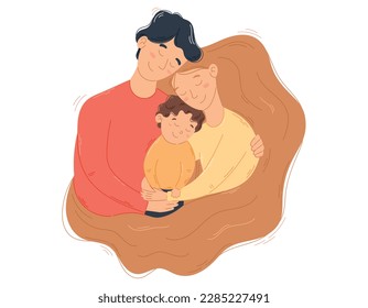 Cute cartoon hugging family, mom dad and son. Flat Cozy woman with long lush hair, man and child in an embrace. World parents day vector illustration.