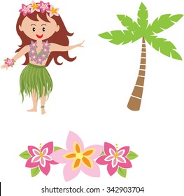 Cute cartoon hula girl with cartoon Hawaiian palm tree and hibiscus flowers