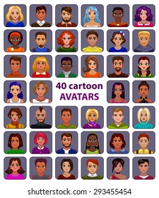 Cute cartoon human avatars set, big male and female faces collection