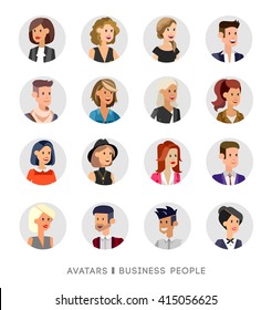 Cute cartoon human avatars set, big male and female faces collection. Vector detailed character business man, people men and women