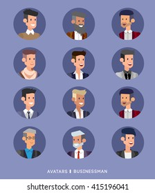 Cute cartoon human avatars set, big male faces collection. Vector detailed character business man, people 