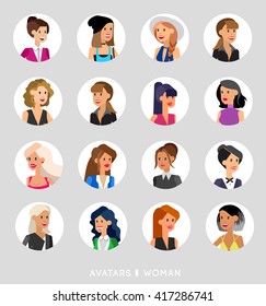 Cute cartoon human avatars set, big female faces collection , business woman. Vector detailed character