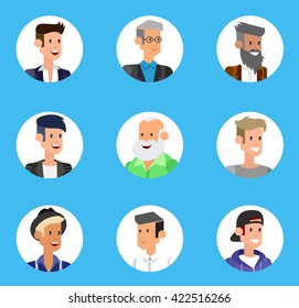 Cute cartoon human avatars set, big male faces collection. Vector detailed character business man, people 