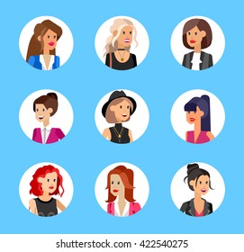 Cute cartoon human avatars set, big female faces collection , business woman. Vector detailed character