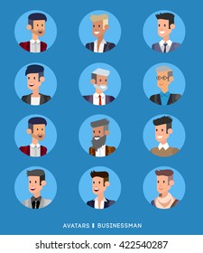 Cute cartoon human avatars set, big male faces collection. Vector detailed character business man, people 