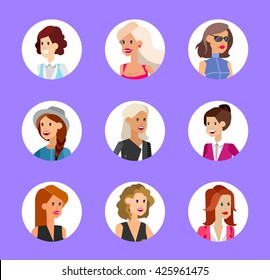 Cute cartoon human avatars set, big female faces collection , business woman. Vector detailed character