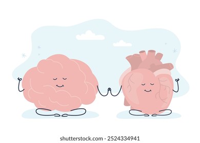 Cute cartoon human brain and heart characters relax and meditate. Central nervous system organ and cardiovascular system meditating in lotus yoga pose. Calm, relax mascots. flat vector illustration