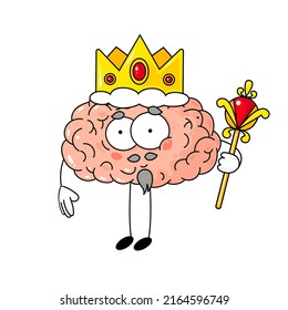 Cute cartoon human brain as a king. Funny character for your design. Concept of healthy brain.  