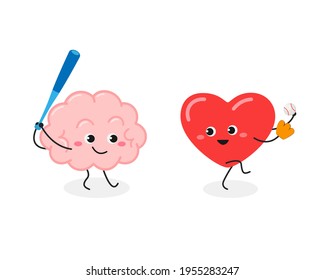 Cute cartoon human brain organ and cheerful heart characters playing baseball game. Feelings versus logic humorous concept. Vector flat illustration isolated on white background