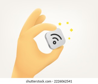 Cute cartoon human hand holding wifi icon. 3d vector illustration
